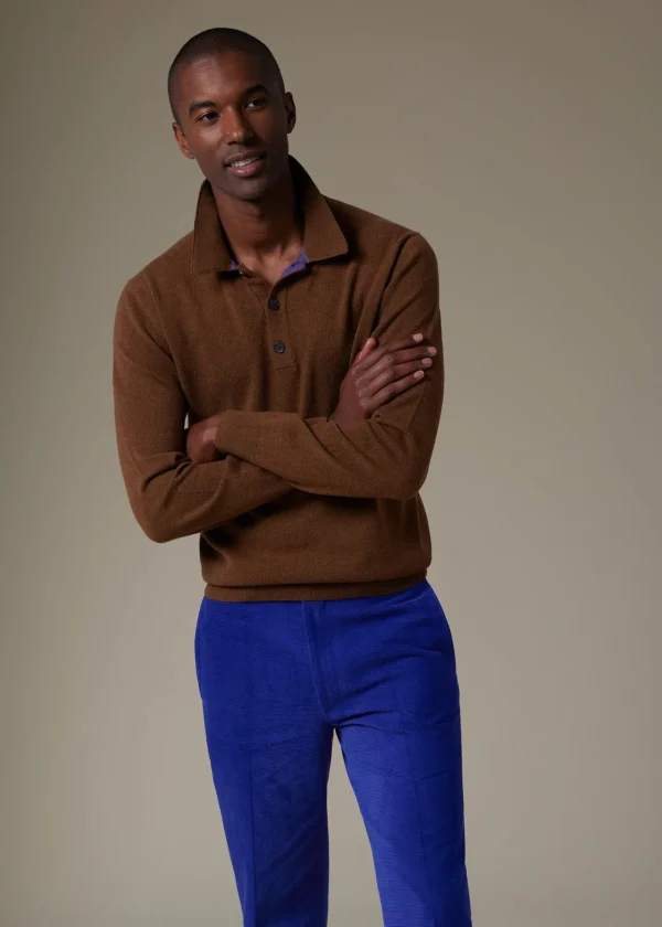 Cashmere Long Sleeve Polo With Suede