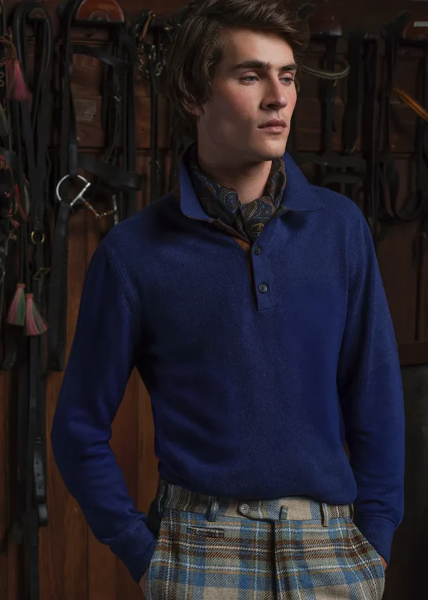 Cashmere Long Sleeve Polo With Suede