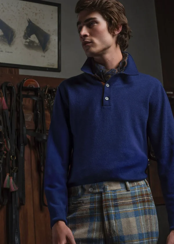 Cashmere Long Sleeve Polo With Suede