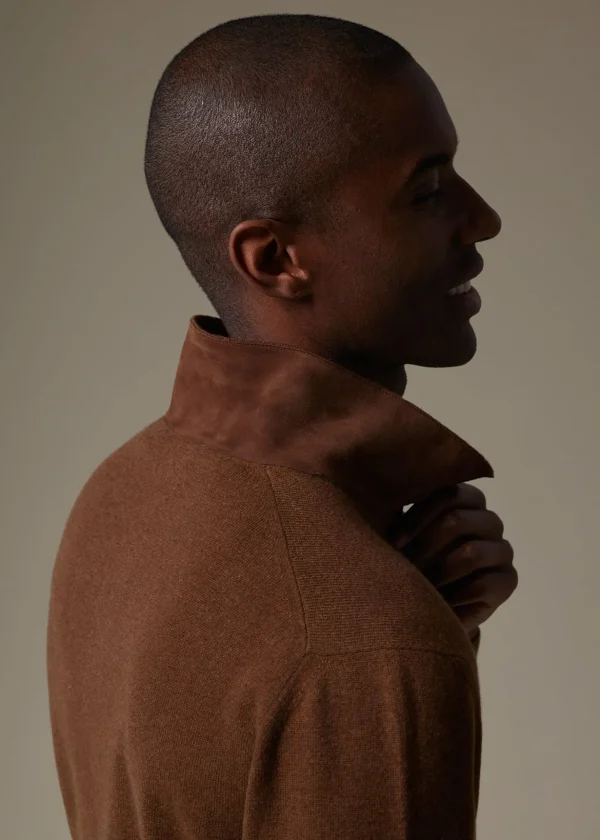 Cashmere Long Sleeve Polo With Suede