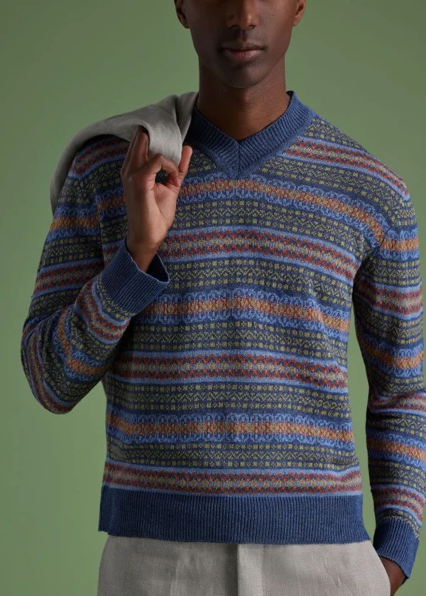 Linen Fair Isle V-neck Sweater