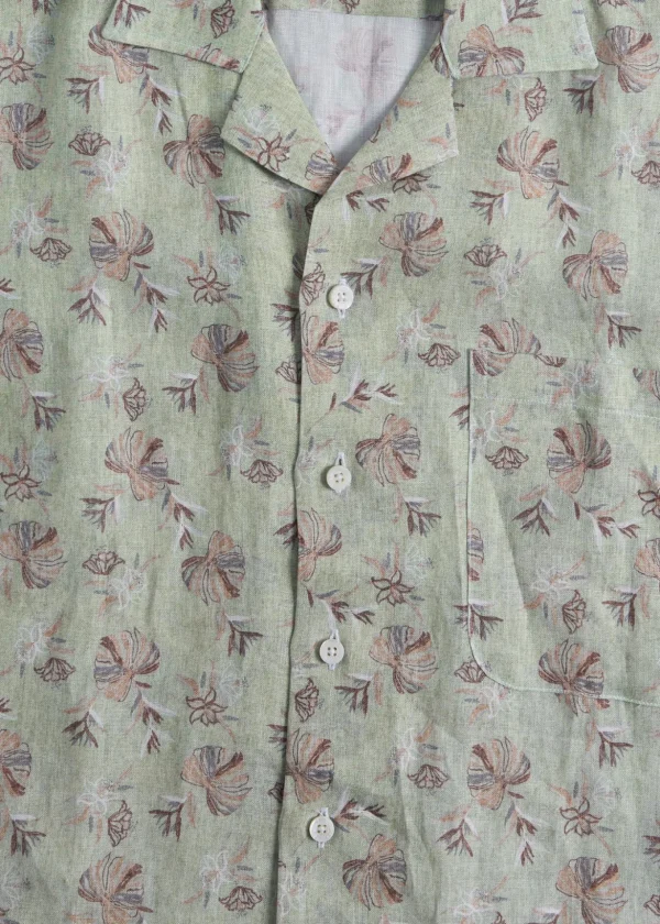 Linen Leaf Print Camp Shirt